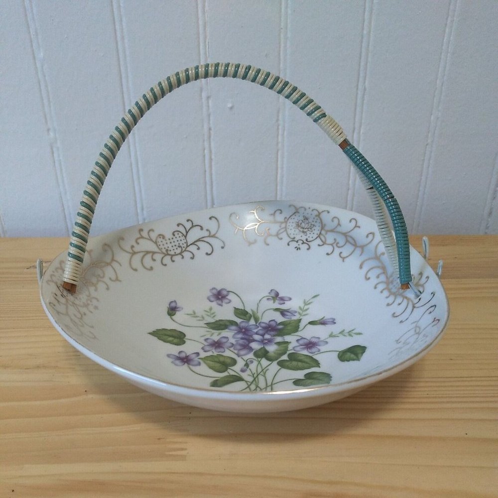 Vintage Ucagco Japan Floral & Gold Decorated Serving Bowl w/Wrapped Wire Handle